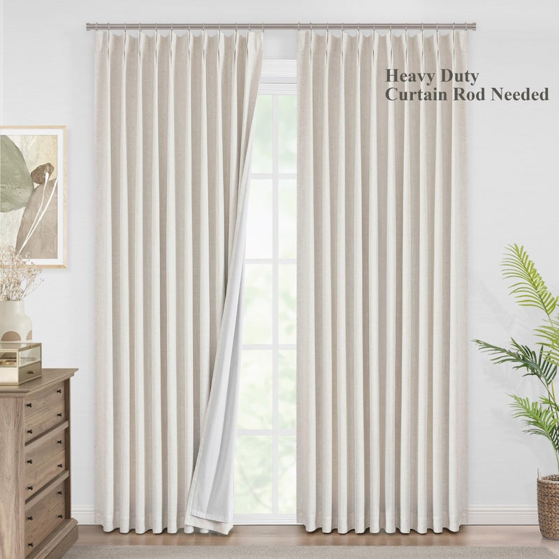 Vision Home Natural Pinch Pleated Full Blackout Curtains Linen Blended Room Darkening Window Curtains 90 inch for Living Room Bedroom Thermal Insulated Pinch Pleat Drapes with Hooks 1 Panel 60""Wx90""L - Image 2